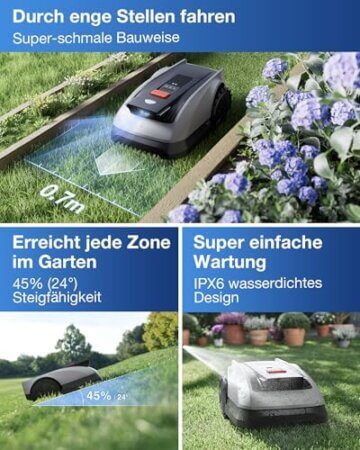 ECOVACS Goat O1200 RTK Mähroboter ohne Begrenzungskabel, 1200 m², LiDAR-unterstützte RTK+Vision Navigation, Rasenmäher Roboter, einstellbare Schnitthöhe 3-8cm, Auto-Kartierung, 0,7m Engstellen - 5