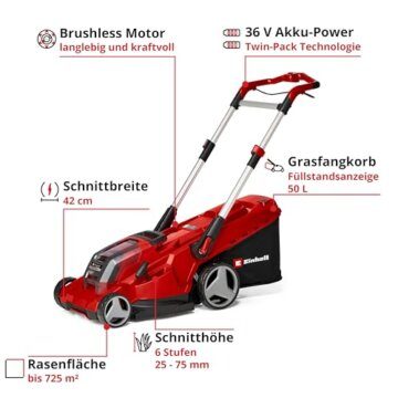 Einhell Akku-Rasenmäher RASARRO 36/42 Kit Power X-Change (36V, 42 cm Schnittbreite, bis 725 m², Brushless, 50L Fangkorb, Mulchfunktion, inkl. 2x 5,2Ah + 1x Twincharger) - 3