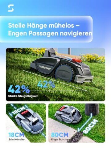 Sunseeker V3 Plus Mähroboter ohne Begrenzungskabel 1000 m², Vision AI Doppel-Auge, 42% Steigung, App-Steuerung, Rasenmäher mit EIN-klick-Mähen, silbergrau - 5