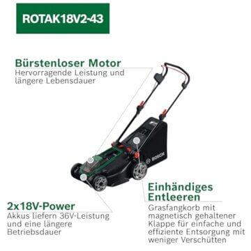 Bosch Akku-Rasenmäher ROTAK18V2-43 (Schnittbreite: 43 cm, Schnitthöhe: 30-75 mm, 40 l Stoff-Grasfangkorb, Mulchstopfen, inkl. 2 x 18V Akku und Ladegerät) - 3