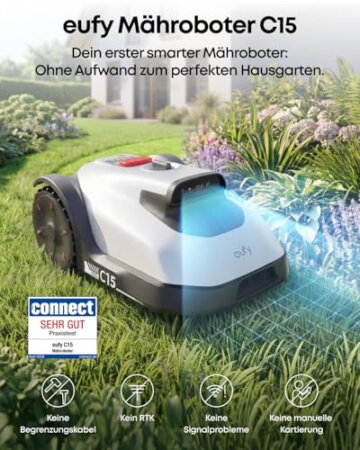 eufy C15 Mähroboter ohne Begrenzungskabel mit Garage, bis 500m², TrueVision, ohne RTK, Keine Signalprobleme, Auto-Kartierung, sicher für Igel, intelligente Navigation, präzises Randmähen - 2