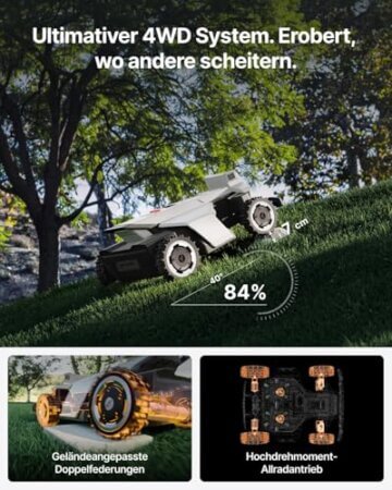 Segway Navimow X420 Mähroboter mit Garage X + 4 Sätze Klinge, für 2000 ㎡, Zero-Turn AWD für 84% Steigungen, NRTK + 360° Vision + VIO, Keine RTK-Basisstation, 25-95 mm Schnitthöhe - 2