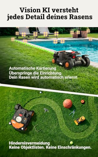 WORX Landroid Vision Cloud WR340E 4WD Mähroboter ohne Begrenzungskabel für 600 m² (KI-Hinderniserkennung, VSLAM+ RTK Cloud Navigation, 84% Steigung, Auto-Mapping, App-Steuerung) - 4